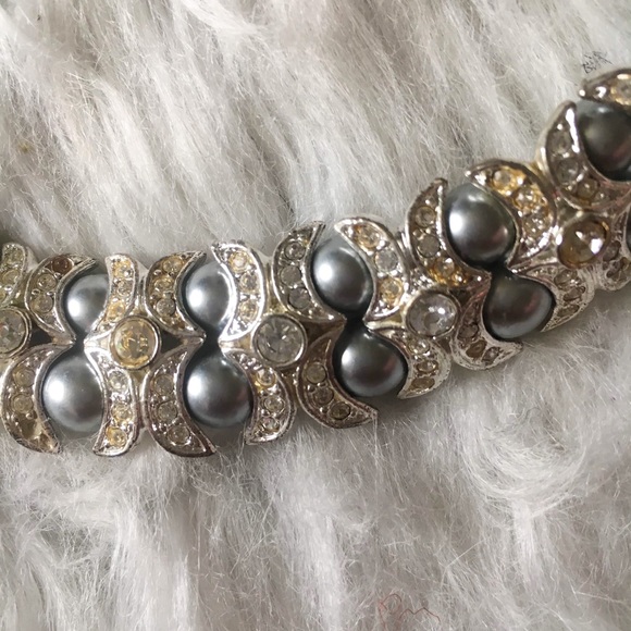 Silver & Blue Faux Pearl Heavy Formal Necklace - Picture 2 of 4